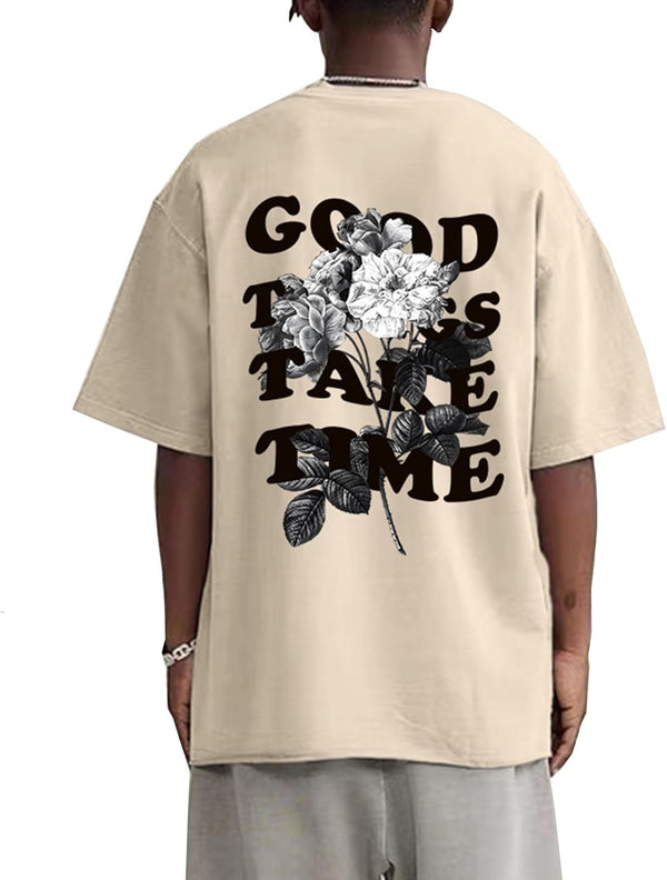 Vintage Graphic Tees for Men Oversized Floral Letter Print Retro Streetwear T Shirts Casual Loose Fit Cotton Tops