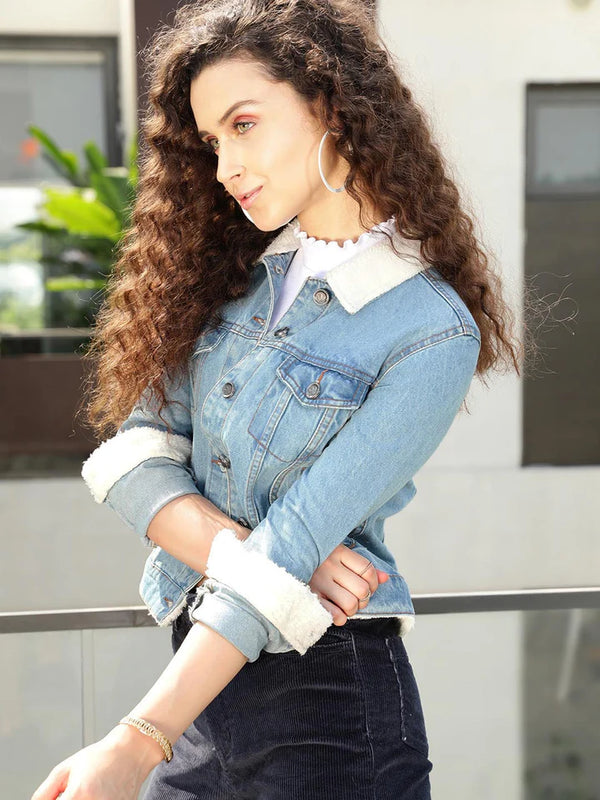 Women Solid Blue Regular Fit Jacket